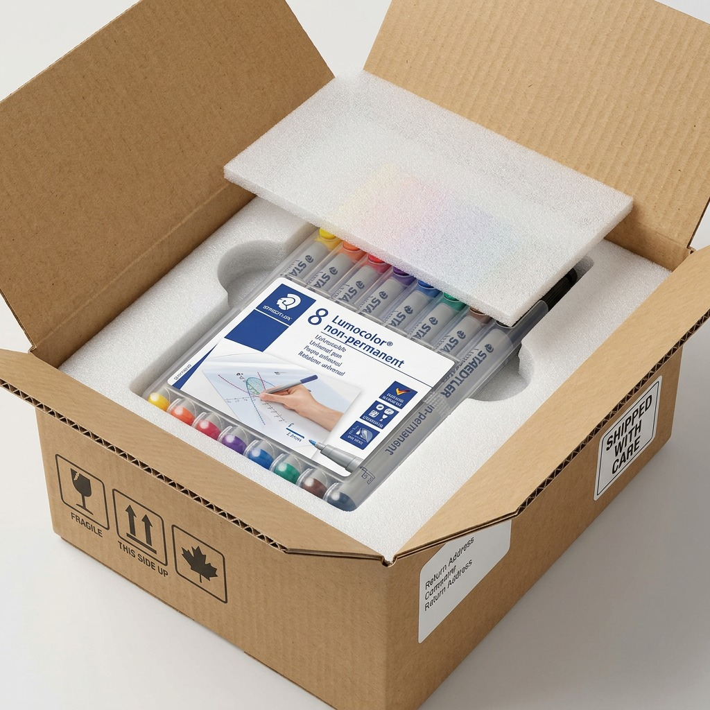 Alt text: STAEDTLER Lumocolor non-permanent markers nestled securely in custom foam packaging within a robust, branded shipping box.