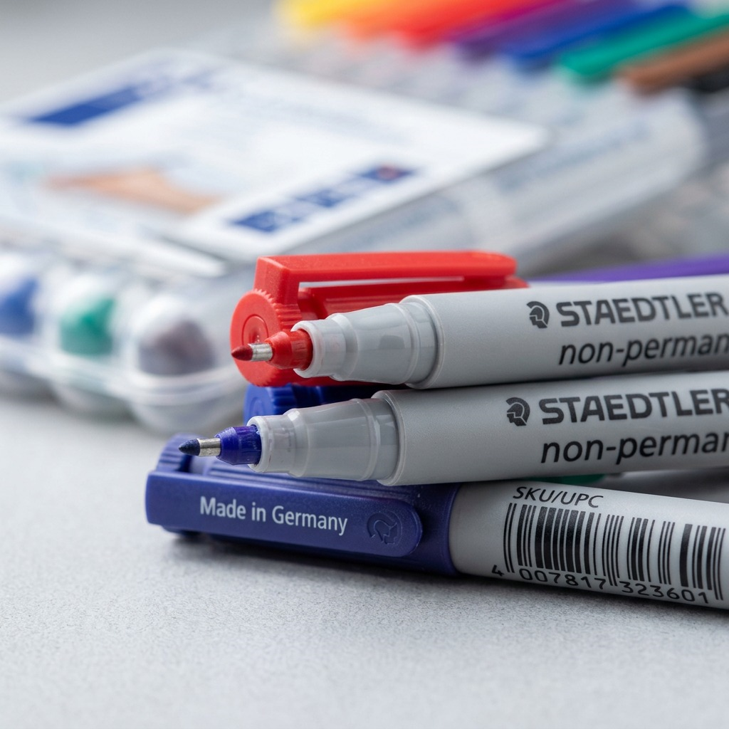 Close-up of STAEDTLER Lumocolor non-permanent markers in clear plastic flip-top wallet case.