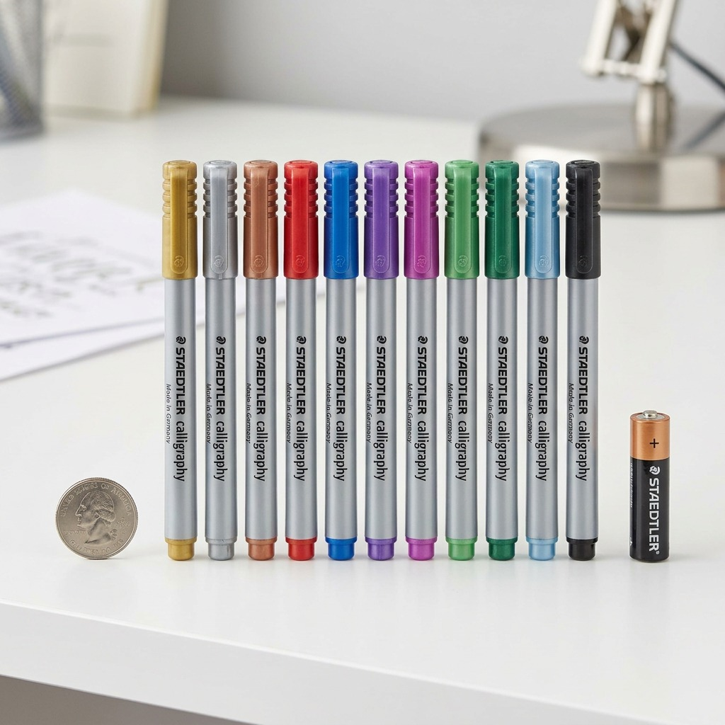 Scale reference photo: STAEDTLER calligraphy metallic markers alongside an AA battery and a coin.