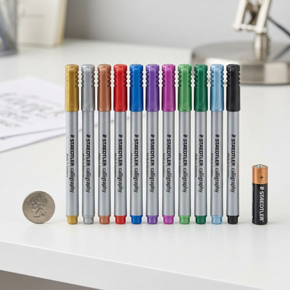 Scale reference photo: STAEDTLER calligraphy metallic markers alongside an AA battery and a coin.