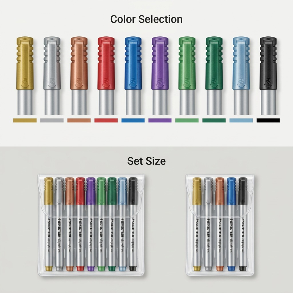 An ecommerce grid displaying colored ink swatches and two distinct multi-colored marker set sizes from STAEDTLER.