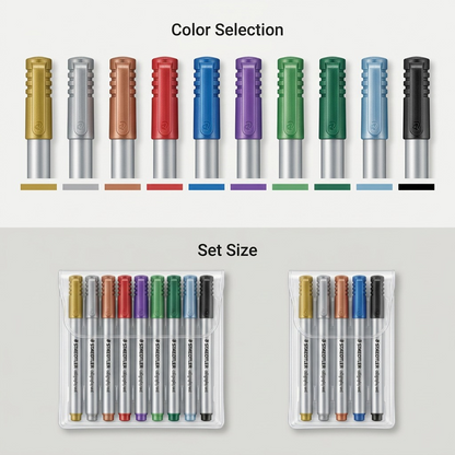 An ecommerce grid displaying colored ink swatches and two distinct multi-colored marker set sizes from STAEDTLER.