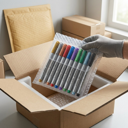 Unboxing scene of STAEDTLER markers in a protective bubble wrap pouch and sturdy box.