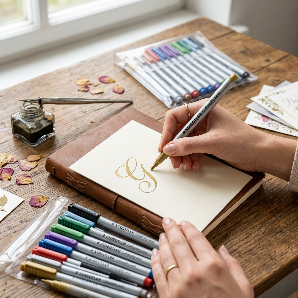 A close-up photograph of a hand using a gold STAEDTLER metallic calligraphy marker to draw an 'A' on cardstock, surrounded by a journal and the other 9 markers. Natural wood surface. No packaging, just the ready-to-use pens. Natural daylight.