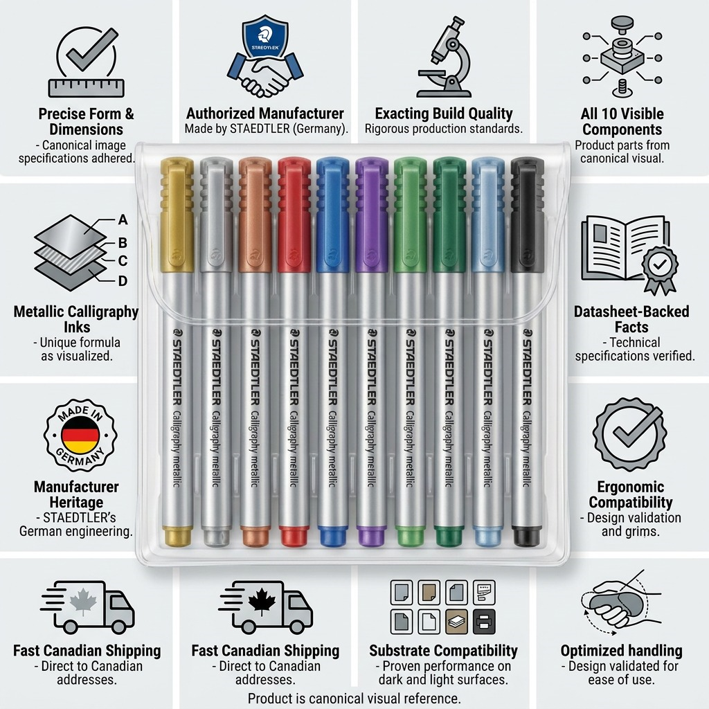 Infographic matrix showing a 10-pack of STAEDTLER Metallic Calligraphy markers with 10 icons and short captions.