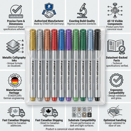 Infographic matrix showing a 10-pack of STAEDTLER Metallic Calligraphy markers with 10 icons and short captions.