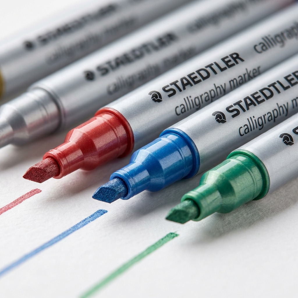 Ultra-macro close-up of a Staedtler metallic marker tip, showing the precise calligraphy nib texture.