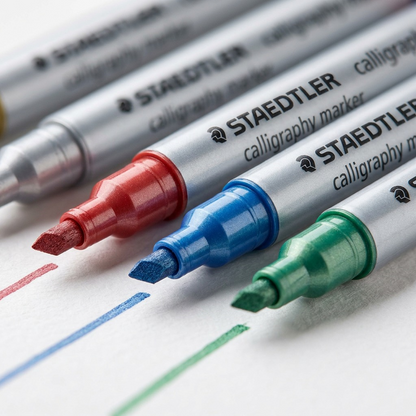 Ultra-macro close-up of a Staedtler metallic marker tip, showing the precise calligraphy nib texture.