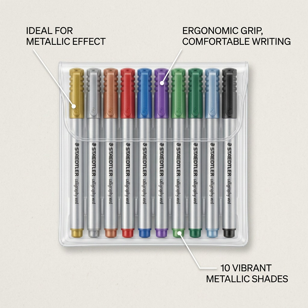 A product visual matrix image showcasing STAEDTLER Metallic marker - Calligraphy, 10pc with features: IDEAL FOR METALLIC EFFECT, ERGONOMIC GRIP, COMFORTABLE WRITING, and 10 VIBRANT METALLIC SHADES.