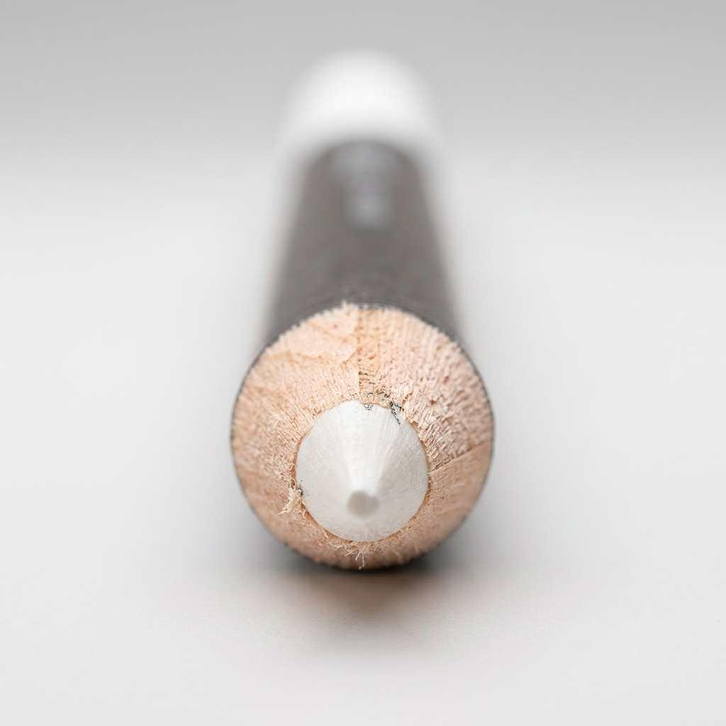 A detailed macro photograph showing the precise sharpened point and natural wood core of the White STAEDTLER Lumocolor permanent glasochrom marker.