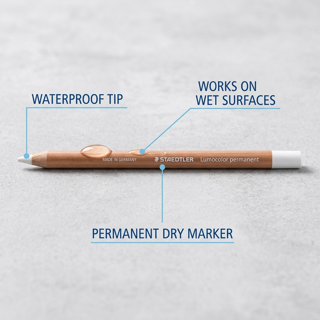 Feature callout graphic showing key benefits of the STAEDTLER Lumocolor permanent dry marker.
