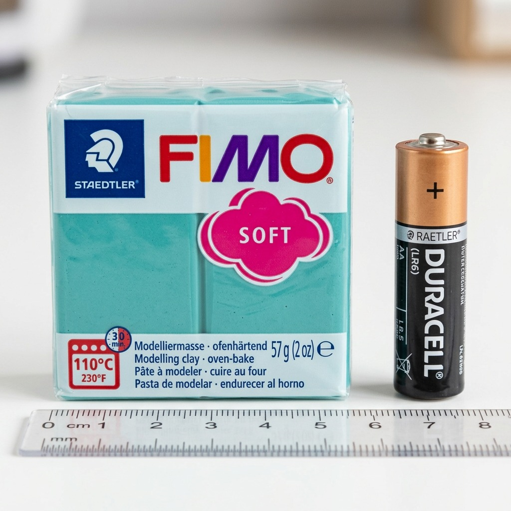 A teal 57g Fimo Soft clay packet stands vertically beside an AA (LR6) battery and a ruler on a desk surface.