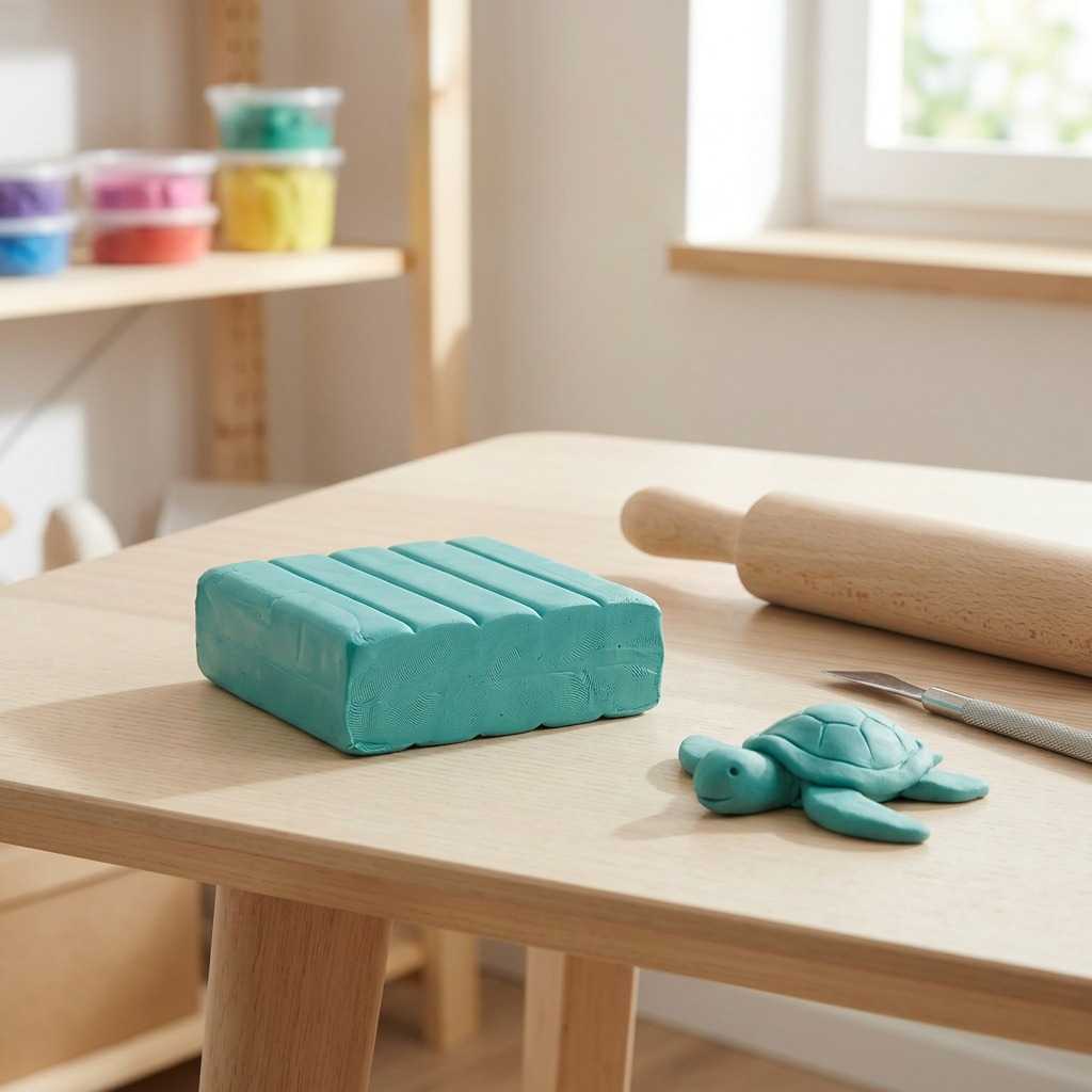A photo of Staedtler FIMO Soft clay in teal with an partially finished sculpture on a wooden desk.