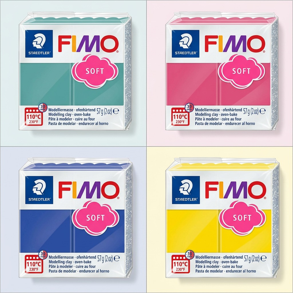 Product matrix image displaying four packages of FIMO Soft clay in different colors for MPN 8020-T36.
