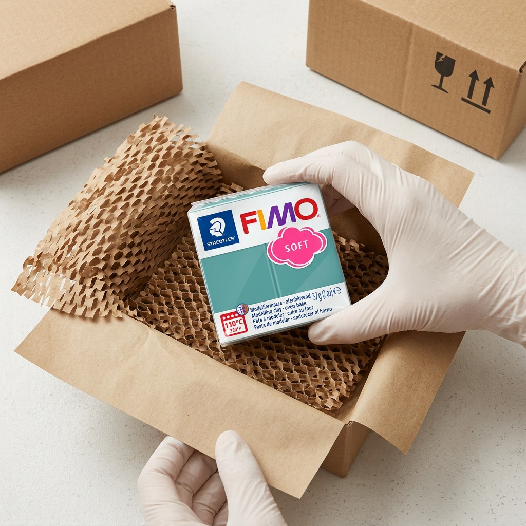 A close-up photograph of a package of Fimo Soft Ocean Wave clay being lifted from a protective honeycomb-cut cardboard shipping liner inside a delivery box.