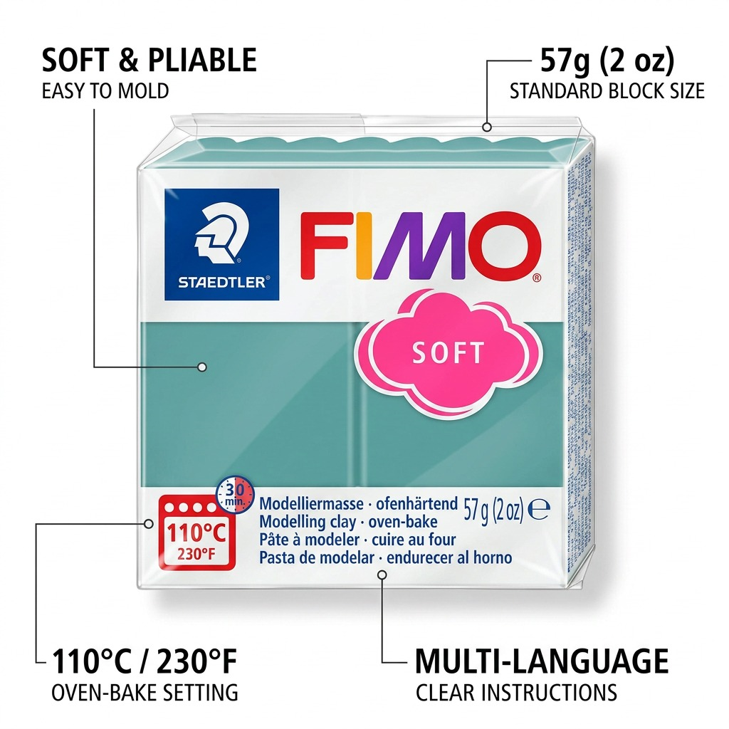 Operational feature graphic for STAEDTLER FIMO Soft (Ocean Wave) detailing oven-bake and molding specs.