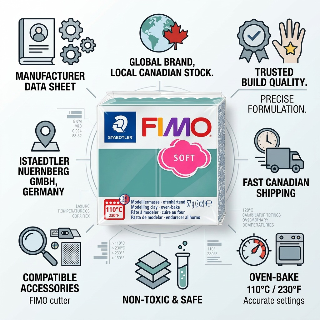 A trust and authority infographic featuring the Fimo Soft Ocean Wave clay with factual icons and product details.