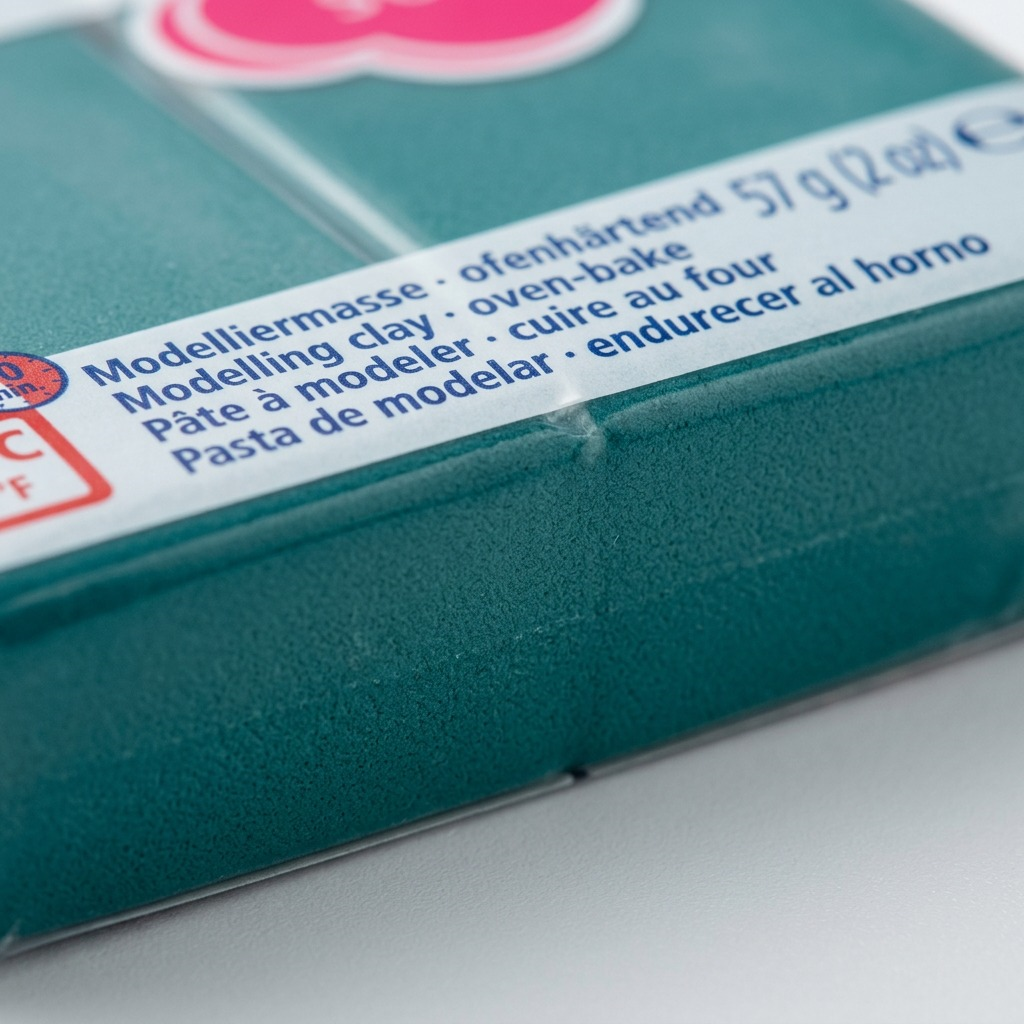 An extreme close-up photograph showcasing the matte texture and fine print details on the 57g Fimo Soft Ocean Wave block.