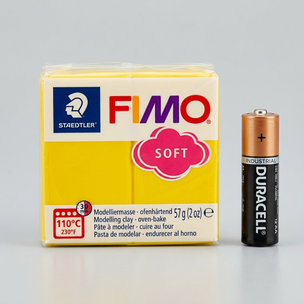 The STAEDTLER Fimo Soft clay packet is placed next to a realistic AA battery for scale.