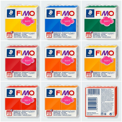 Matrix of STAEDTLER Fimo Soft clay packs showing different colors and the back label with instructions.