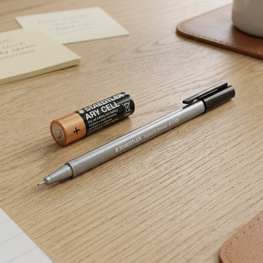 Scale reference photo: the specified STAEDTLER black triplus fineliner beside an standard AA battery.