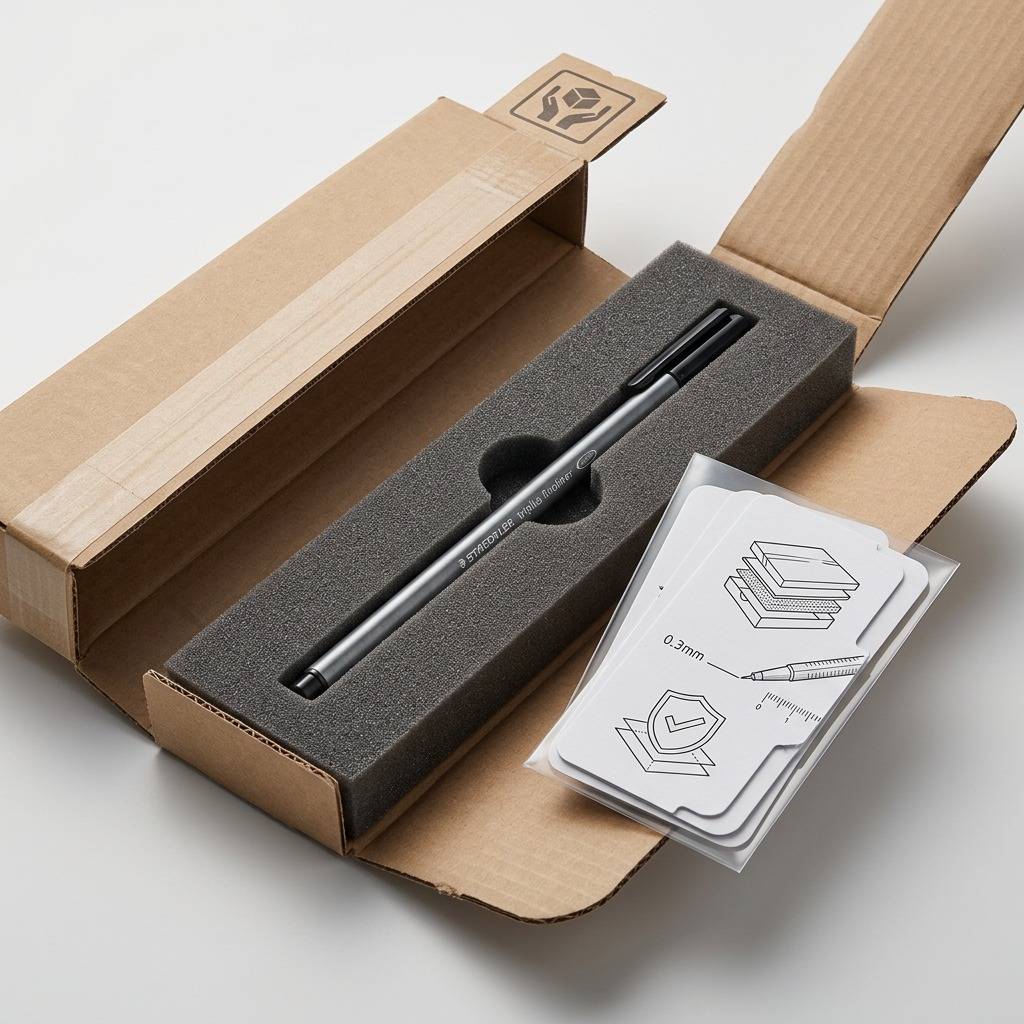 Unboxing a STAEDTLER triplus fineliner from a protective shipping box with foam inserts and reinforced tape.