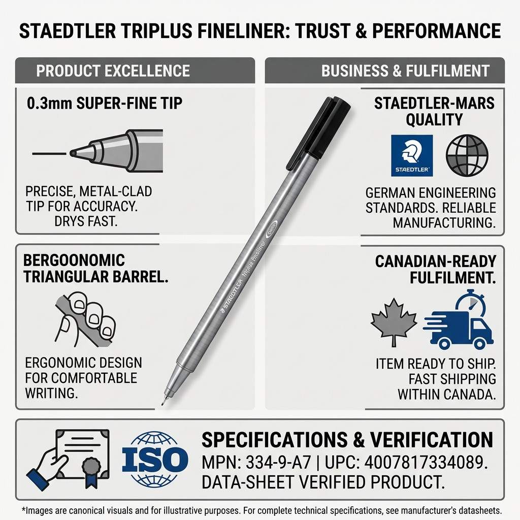 A trust infographic matrix for STAEDTLER Triplus Fineliner, highlighting its engineering and reliability.
