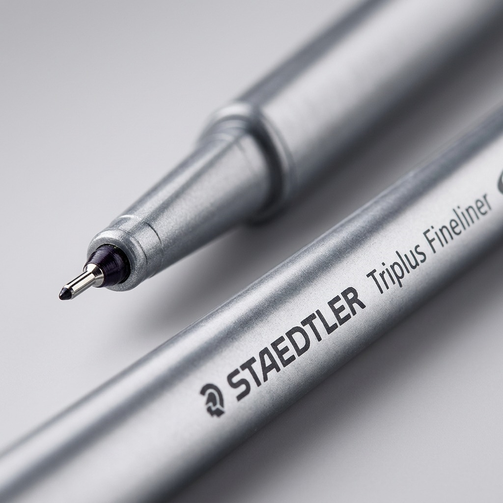 Macro close-up of the metal-clad 0.3mm fineliner tip and clear text on the silver pen body.