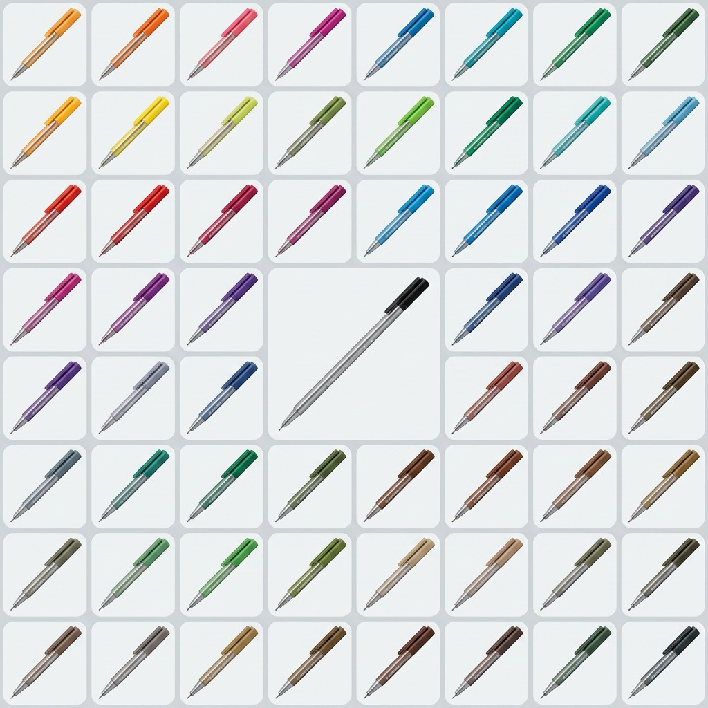 Matrix showing the same black 0.3mm fineliner and multiple other color variants in a grid.