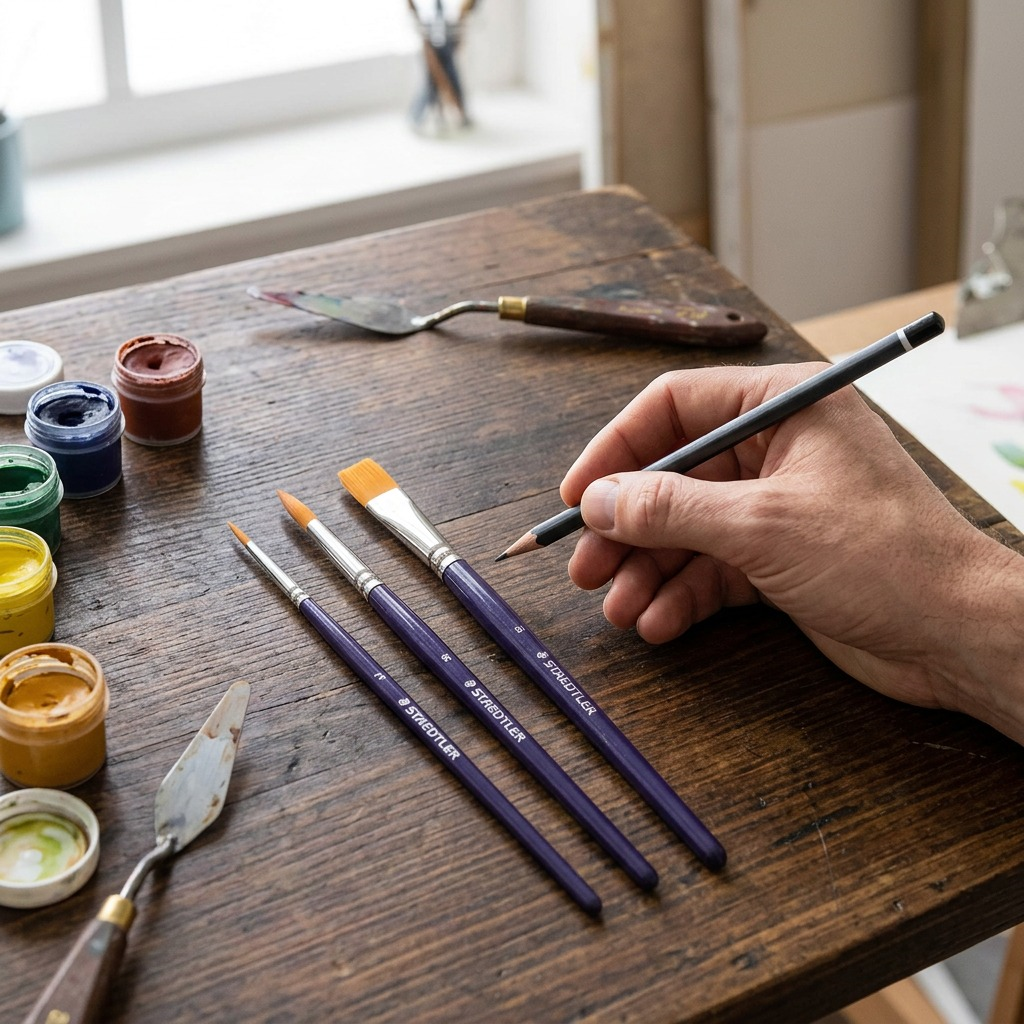 STAEDTLER paint brushes next to a standard graphite pencil on a wooden artist's desk for scale analysis.