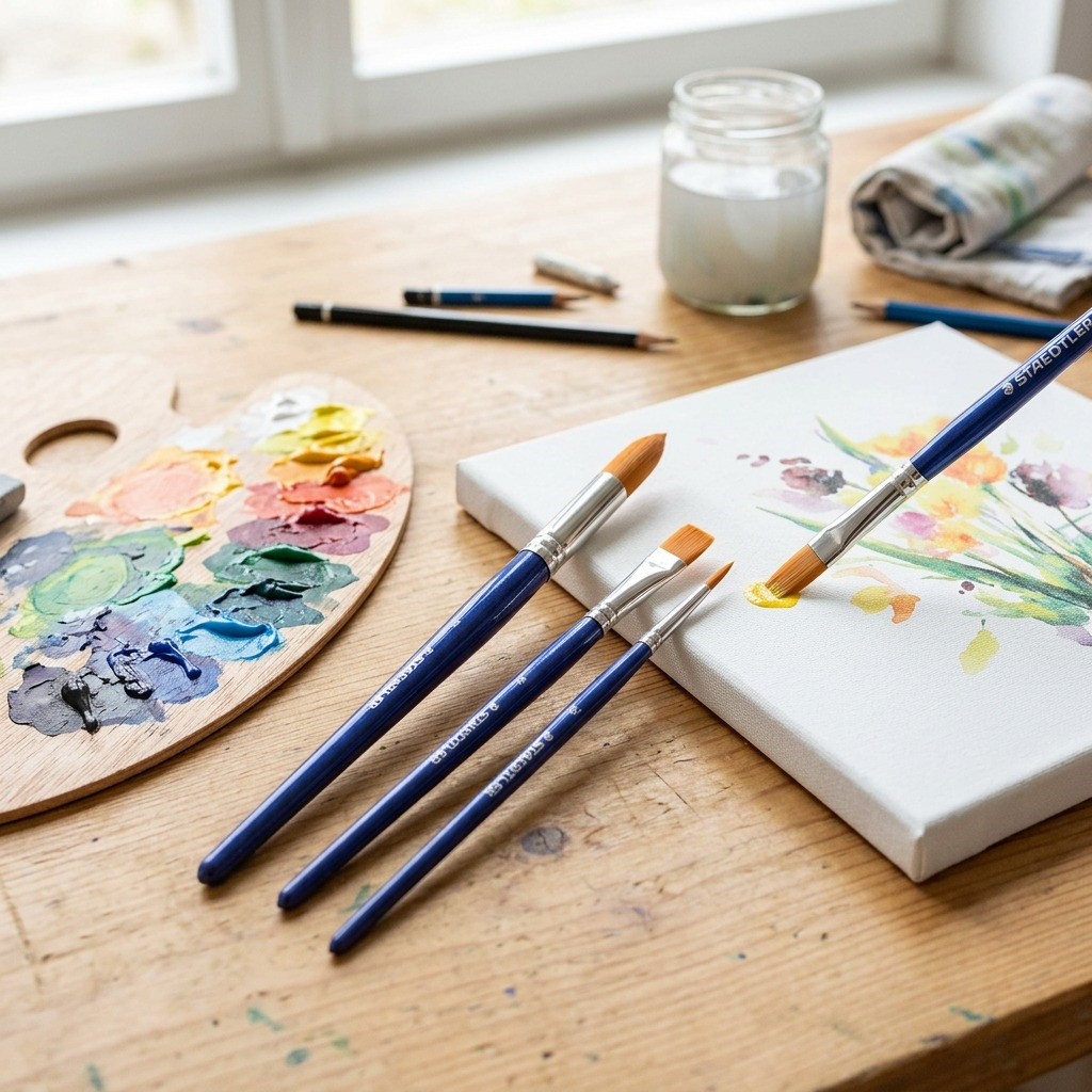 A lifestyle photo of three Staedtler 989 synthetic brushes (round and flat) on a painting palette and canvas profile.