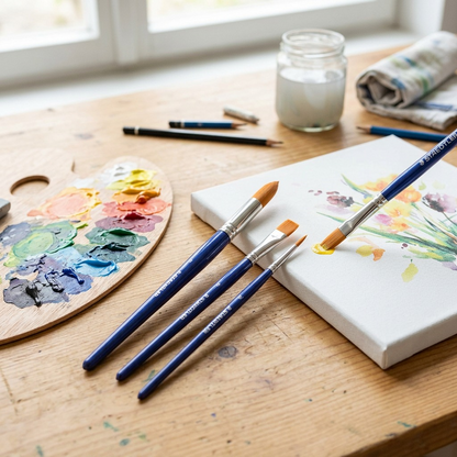 A lifestyle photo of three Staedtler 989 synthetic brushes (round and flat) on a painting palette and canvas profile.