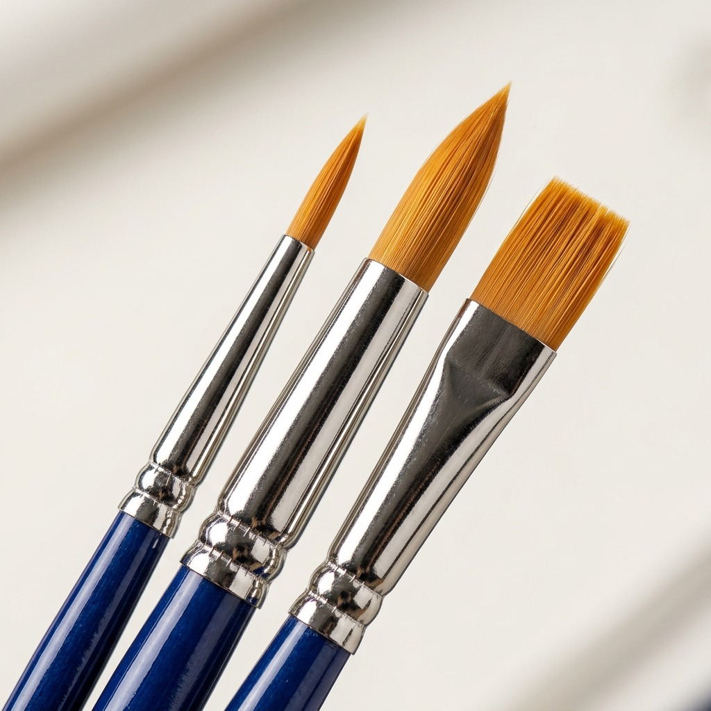 Macro photo detail of the STAEDTLER 989-SBK3-302 brush heads, focusing on the distinct synthetic bristle shapes and metal ferrules.