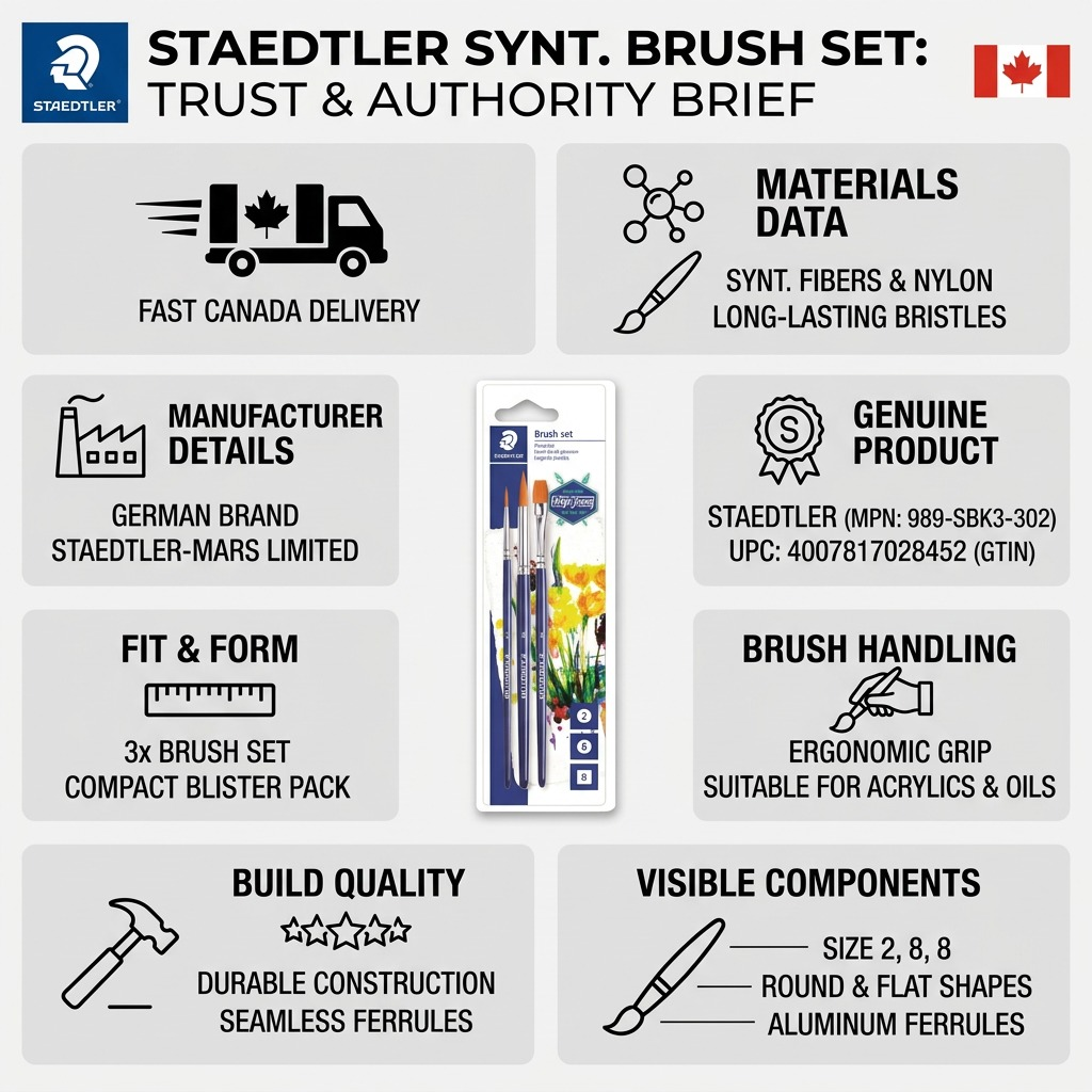 A trusted product brief graphic for the STAEDTLER 989-SBK3-302 brush set, detailing build, materials, and fast Canadian delivery.