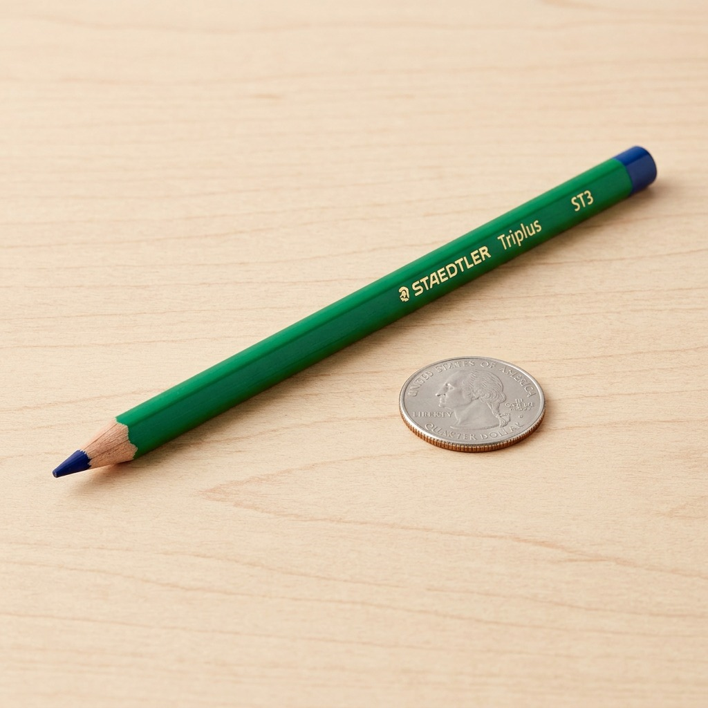 A close-up shot of a single STAEDTLER Triplus watercolor pencil resting alongside a standard USD quarter.