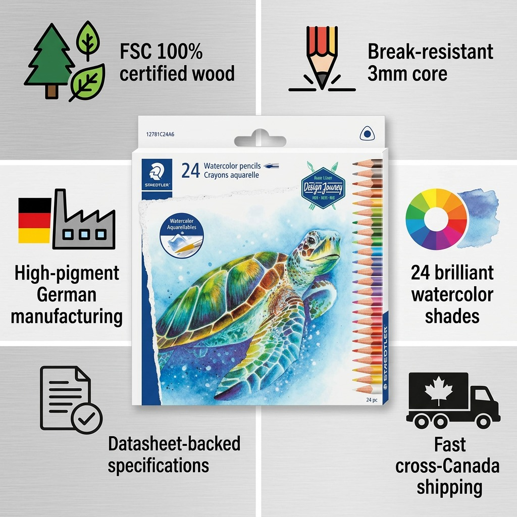 Infographic matrix highlighting trusted features of STAEDTLER pencils, like FSC certification and fast shipping.