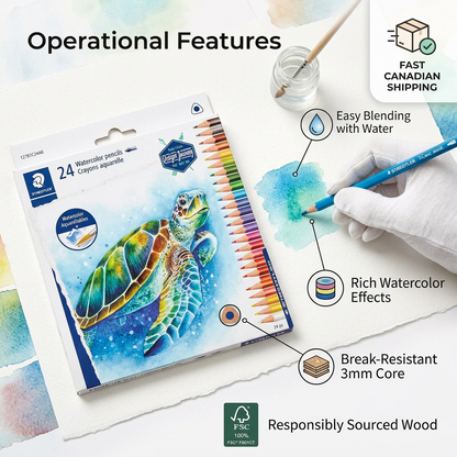Product graphic shows watercolor pencils, turtle art, blending, break-resistance, and FSC certification for 100% sustainable wood.