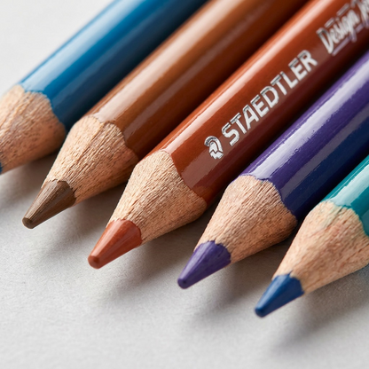 Detail shot focusing on several STAEDTLER pencils and their wood grain, paint finish, and foil stamping texture.