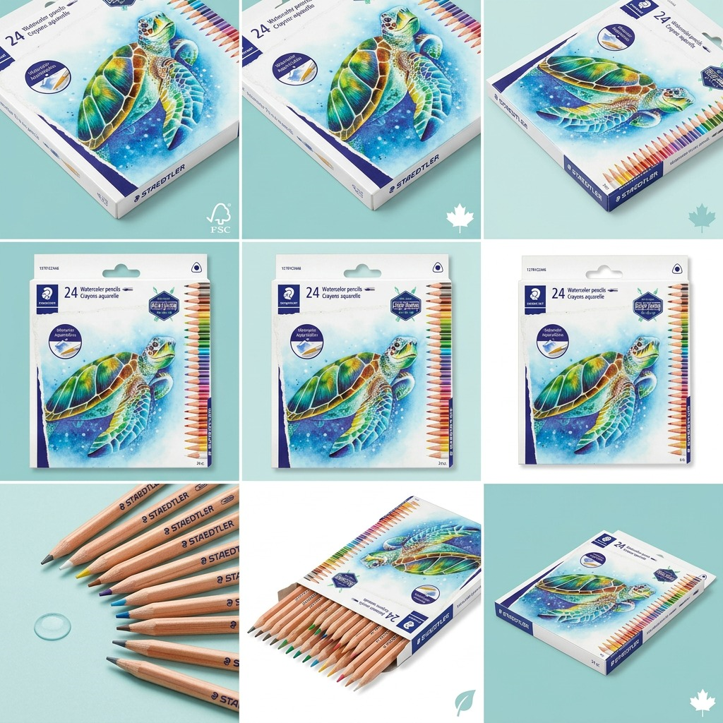 A high-quality visual matrix displaying the same STAEDTLER set of 24 watercolor pencils from multiple distinct angles, including front, side, angled, and top-down views.