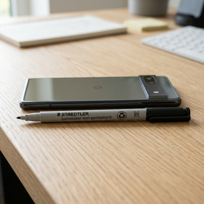 Side-by-side view showing the STAEDTLER non-permanent marker next to a smartphone for size comparison.