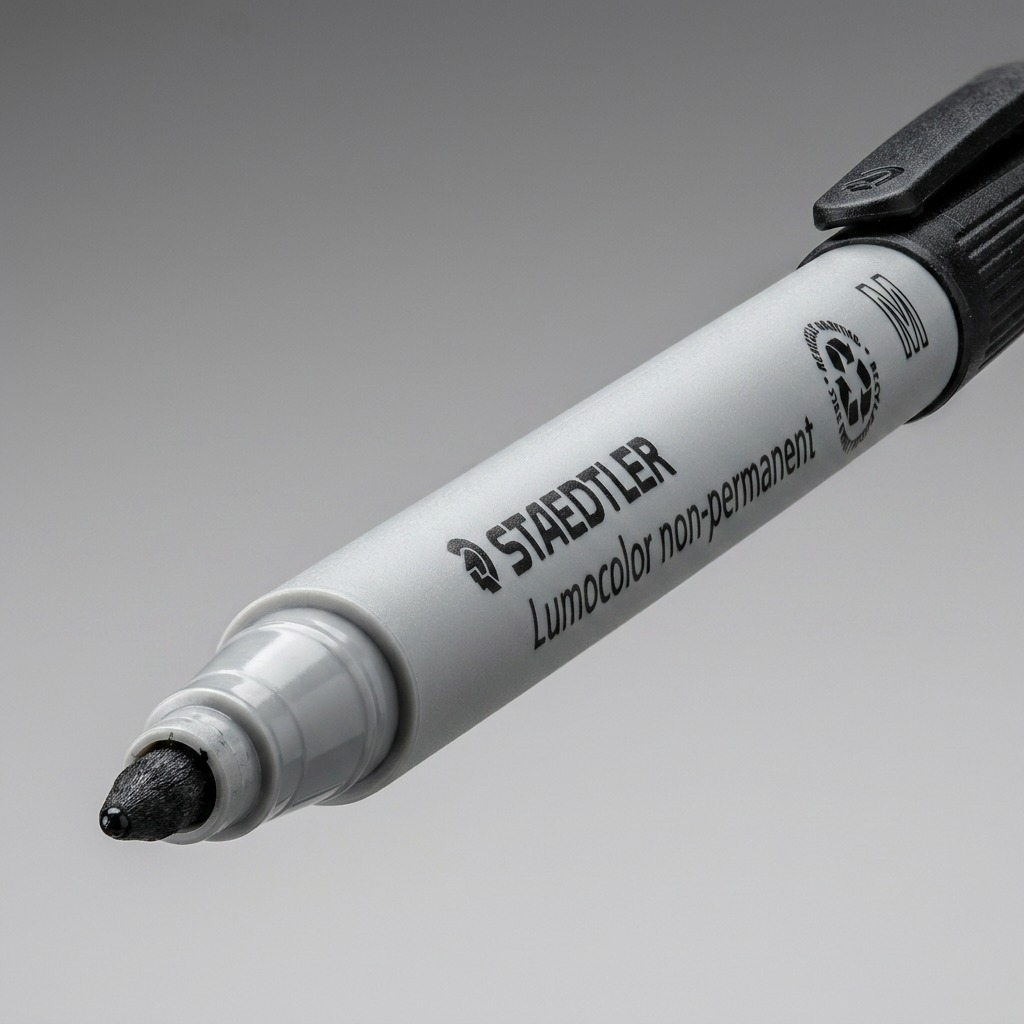 An extreme close-up photograph of the STAEDTLER Lumocolor non-permanent marker tip, focusing on the fine felt point.