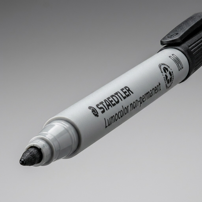 An extreme close-up photograph of the STAEDTLER Lumocolor non-permanent marker tip, focusing on the fine felt point.