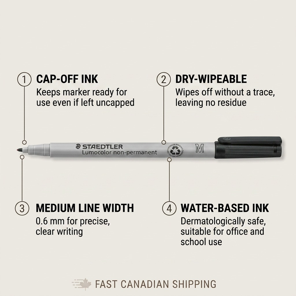 Feature callout graphic for STAEDTLER 315-9 marker detailing its operational capabilities and benefits.