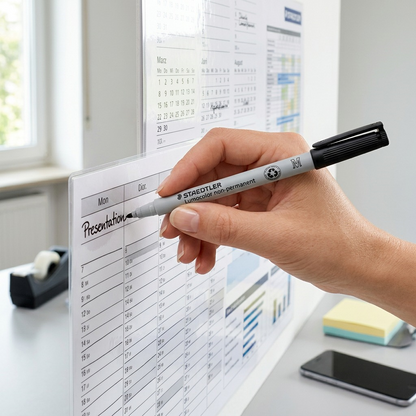 A hand holds the STAEDTLER Lumocolor non-permanent marker (MPN: 315-9-10), marking on a laminated wall calendar.