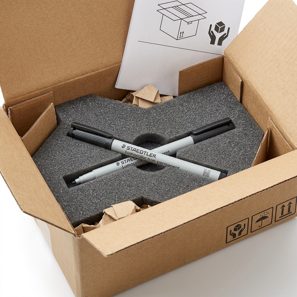 A close-up photograph of a STAEDTLER non-permanent marker nestled securely in its foam protective insert within an open cardboard shipping box with shipping labels.