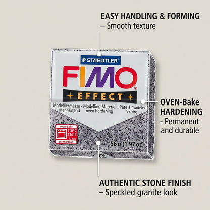 Feature graphic of FIMO Effect Stone Granite clay highlighting key user benefits.