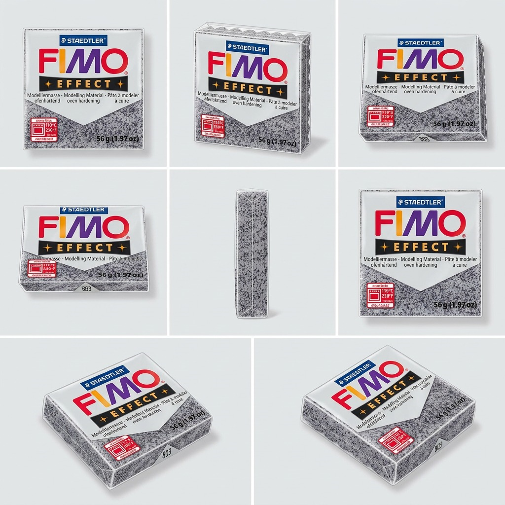 A grid of high-resolution product photos showing the Fimo Effect Stone Granite clay from three-quarter, top, side, front, and bottom views.