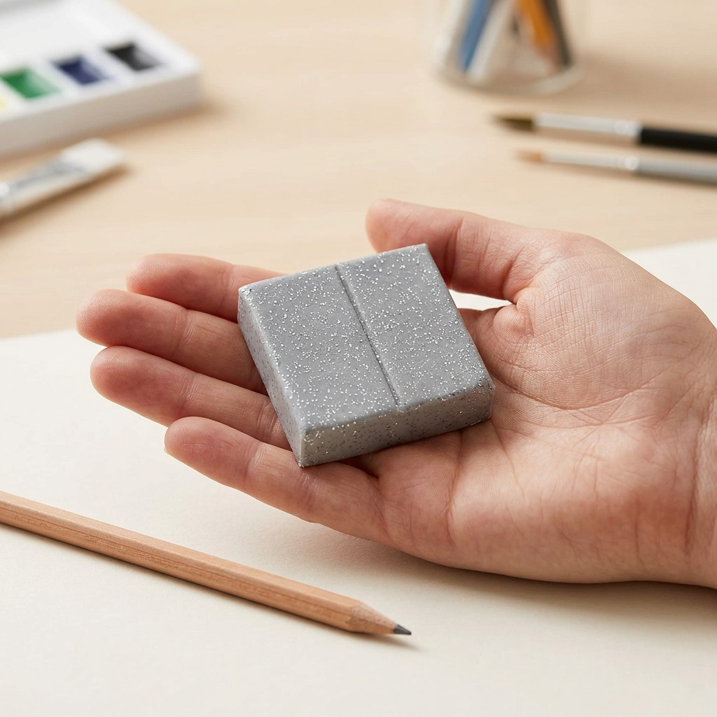 A high-resolution product photography shot displaying a regular-sized STAEDTLER Fimo Effect glitter silver clay block (57g, 2 oz) placed on a light wood desk, resting easily within the palm of an outstretched human hand to demonstrate its compact, pocketable dimensions.
