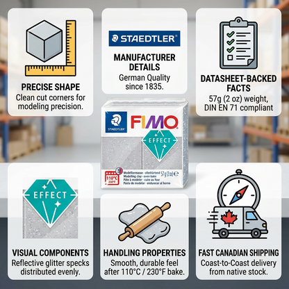 Infographic matrix for STAEDTLER Fimo Effect Glitter Silver: precise shape, German quality, datasheet facts, visual glitter speckle.
