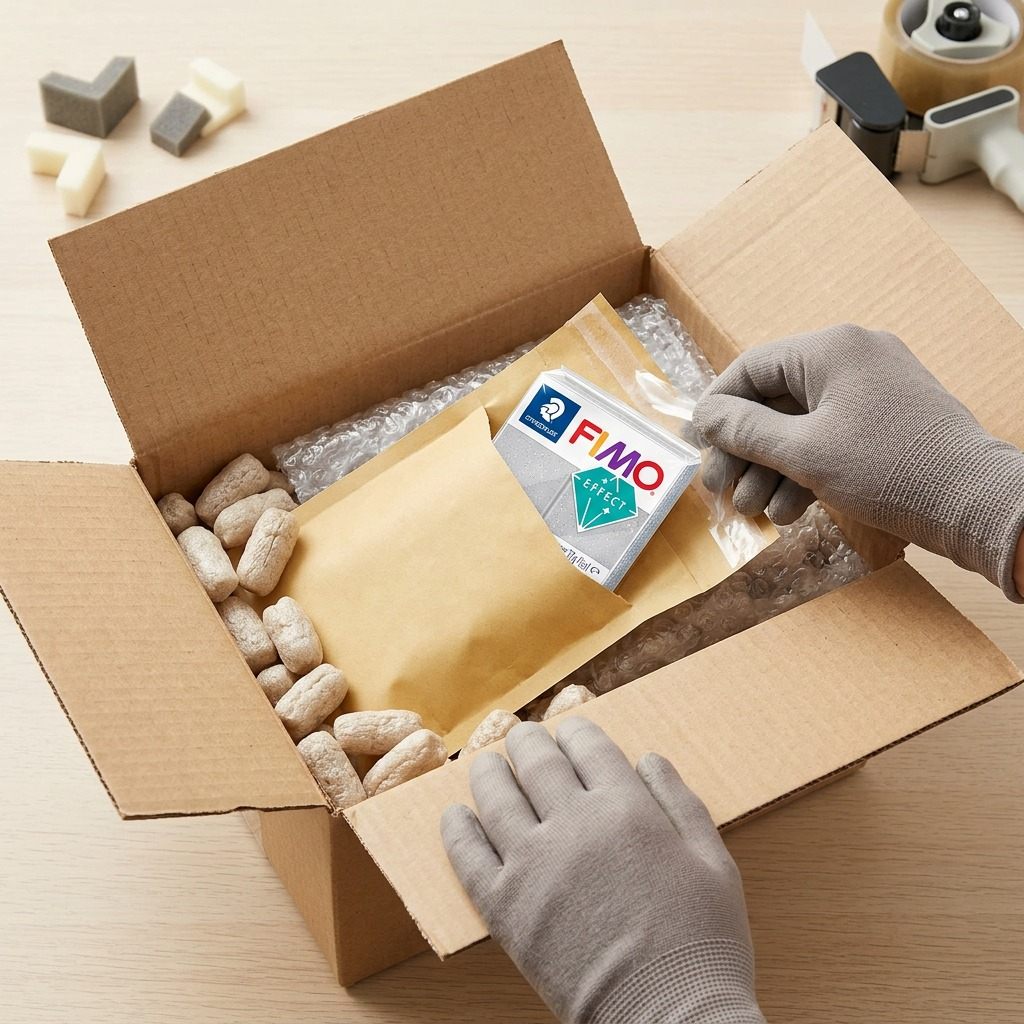 Unboxing a package of Fimo Effect glitter silver modeling clay from cushioned protection for safe delivery.